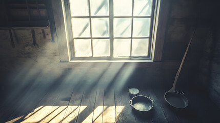 Poster - Soft light streaming through a broken window illuminating vintage souvenirs on a wooden table creating a warm and inviting atmosphere.