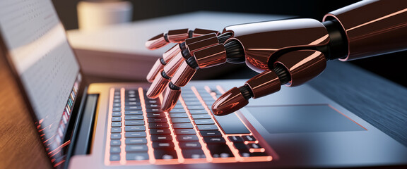 Poster - Close-up of robotic hand using laptop keyboard, showcasing technological advancement and automation in digital work, representing efficiency and future trends in technology