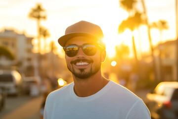 smiling young adult caucasian male in sunglasses at sunset by palm trees