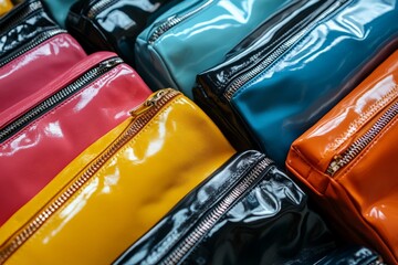 Poster - Colorful cosmetic bags arranged neatly on display for sale at a local market during the afternoon