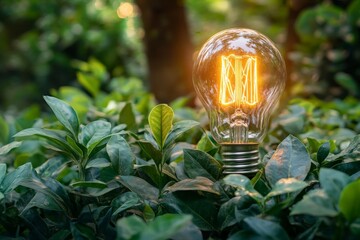 Poster - Lightbulb shines brightly amidst lush green leaves in a serene garden setting during the golden hour