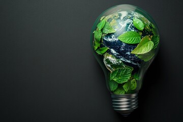 Poster - Light bulb filled with vibrant green leaves and Earth symbolizes sustainable energy and environmental awareness