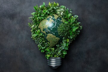 Poster - Creative concept showing a green globe surrounded by plants resembling a light bulb on a dark background