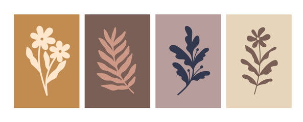 Poster - Abstract design template vector set in simple line style, various leaves and flowers, spring 