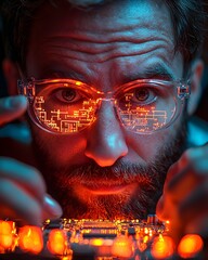 Poster - A tech savvy electrical engineer examining a glowing microchip in their illuminated workspace