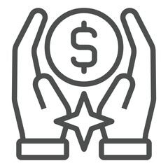 Poster - Hands holding dollar coin line icon, bank account concept. Vector graphics. Money coin and hands sign on white background, outline style icon for mobile or web design.