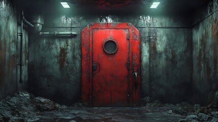 Wall Mural - a red door with a hole in it is in a dark room
