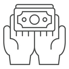 Poster - money cash in hands thin line icon, bank account concept. vector graphics. hand palms and dollars pa