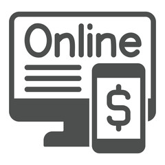 Poster - Monitor screen with online app solid icon, bank account concept. Vector graphics. Display and smartphone with dollar sign on white background, glyph style icon for mobile or web design.