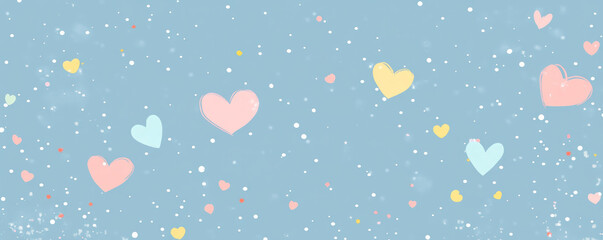 Poster - A blue background with a bunch of hearts scattered around it. The hearts are of different colors and sizes, and they are all placed in different positions. Scene is cheerful and playful