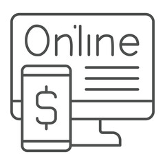 Poster - Monitor screen with online app thin line icon, bank account concept. Vector graphics. Display and smartphone with dollar sign on white background, outline style icon for mobile or web design.