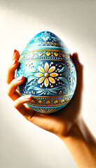 Aufkleber - Beautifully crafted blue decorative egg held delicately by a hand against a soft background
