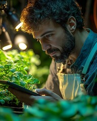 Poster - An agricultural engineer examines hydroponic systems in a greenhouse using a tablet