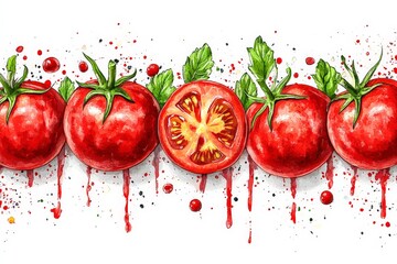 Poster - Fresh red tomatoes with splashes of juice on a white background during a vibrant market setting