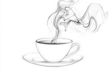 Aufkleber - Artistic representation of steaming cup on a saucer creating intricate smoke patterns in a minimalist style