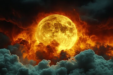 Poster - Bright full moon shines through dark clouds with fiery orange hues in the night sky above the horizon