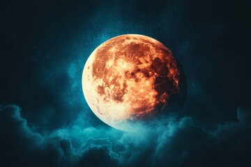 Poster - Full moon shines brightly over a mystical landscape filled with clouds and a starry night sky