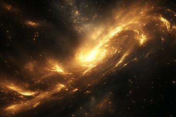 Poster - Swirling galaxy in vibrant golden hues with cosmic dust visible in deep space