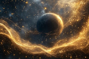 Poster - Cosmic view of a glowing planet surrounded by shimmering stars and ethereal clouds in deep space