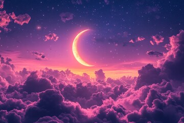 Fototapete - Elegant crescent moon shines above vibrant clouds in a starry twilight sky