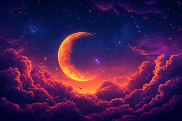 Aufkleber - Vibrant crescent moon shining over colorful clouds during a twilight sky