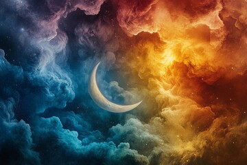 Aufkleber - Celestial clouds swirl around a crescent moon in a vibrant cosmic display during twilight hours