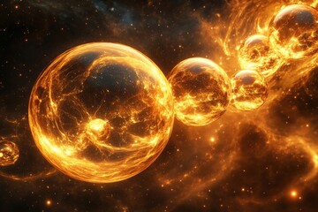 Aufkleber - Bright celestial spheres float in a cosmic landscape filled with stars and nebulas during a vibrant cosmic event