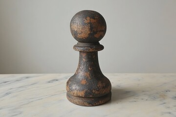 Poster - Vintage wooden pawn piece on a marble surface with a weathered finish captured in natural light