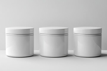 Poster - Three sleek white containers lined up on a minimalist surface, showcasing elegant design and functional storage