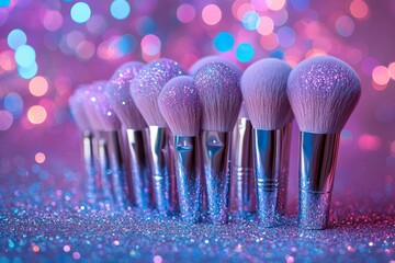 Aufkleber - Sparkling makeup brushes arranged beautifully on a vibrant background with glitter and bokeh effects