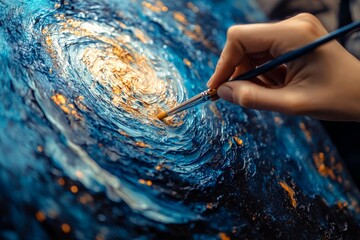 Aufkleber - Artist creates a swirling galaxy painting using vibrant colors and intricate brushwork in a creative studio setting