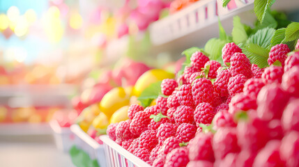 Poster - Vibrant raspberries are arranged alongside various citrus fruits in a sunny market, showcasing fresh produce ready to be purchased