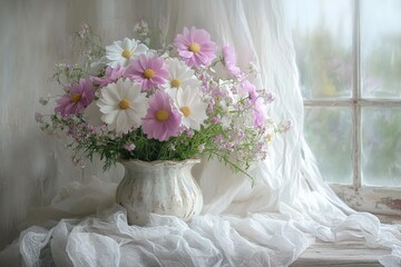 Aufkleber - Beautiful bouquet of pink and white flowers in a vase by a sunlit window with soft fabric draping