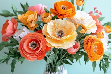 Poster - Beautiful paper flowers in vibrant colors displayed in a clear vase against a soft green background