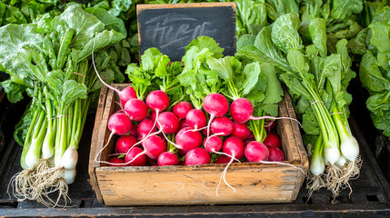 Poster - Bright red radishes with green tops are arranged in a wooden crate, surrounded by leafy greens at a vibrant outdoor market