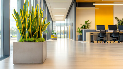Poster - A spacious office interior showcases tall indoor plants in planters, enhanced by natural light and sleek design elements