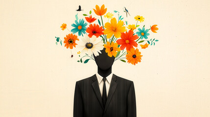 Poster - A figure in formal attire stands with a head full of colorful flowers, symbolizing creativity and the harmony of nature with human expression