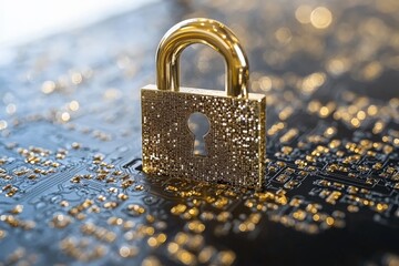 Poster - Lock symbolizing cybersecurity on a circuit board representing data protection and digital safety measures