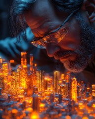 Poster - a futuristic engineer designing a glowing smart city model with vibrant holographic data streams