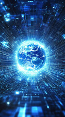 Poster - A blue planet is shown in a blue and white background. The planet is surrounded by a blue and white space that looks like a tunnel. The tunnel is filled with blue