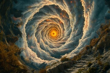 Aufkleber - Swirling clouds around a luminous core create an extraordinary celestial vortex in a mountain landscape