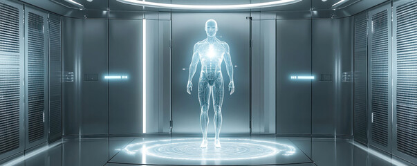 Poster - A man is standing in a room with a glowing body. The room is filled with a lot of light and the man is surrounded by a lot of glass. The room is very futuristic