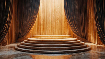 Aufkleber - A grand stage features circular steps surrounded by rich golden curtains, creating a dramatic atmosphere enhanced by soft lighting