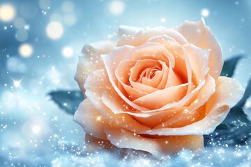 Poster - Soft peach rose surrounded by gentle sparkles in a serene winter setting with blurred lights