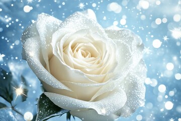 Aufkleber - Elegant white rose glistening with frost and snowflakes against a soft blue background during winter season