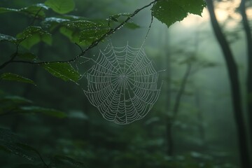 Poster - Delicate spider web adorned with dew drops glistens in a misty forest during early morning light