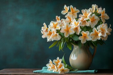 Poster - Beautiful bouquet of delicate flowers in a ceramic vase on a wooden table with a teal cloth