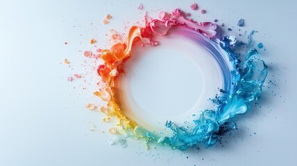 Poster - colorful particles spread out, forming a dynamic composition frame on a light background, creating a