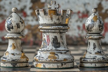 Aufkleber - Detailed close-up of vintage chess pieces on an old wooden chessboard highlighting their weathered designs