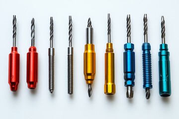 Leinwandbilder - Variety of precision tools arranged in order on a light background showcasing different colors and designs for various applications